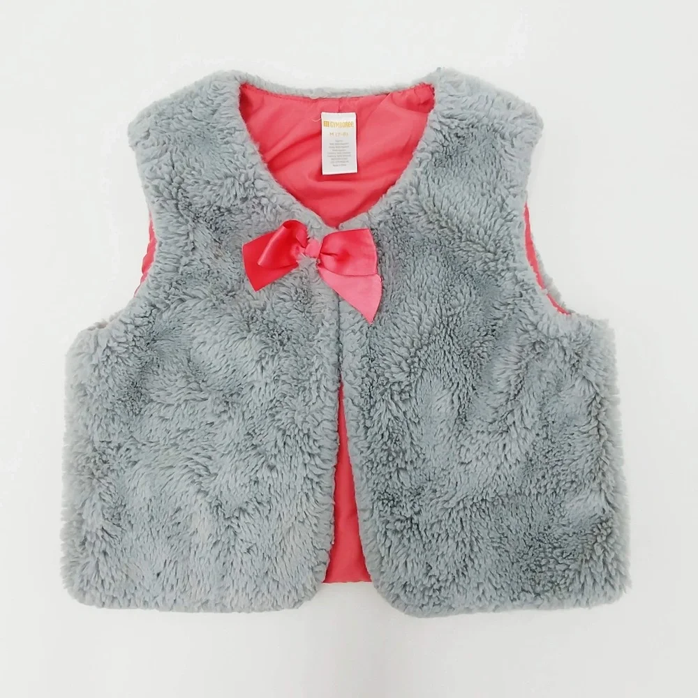 Gymboree Grey Faux Fur Vest Pink Ribbon